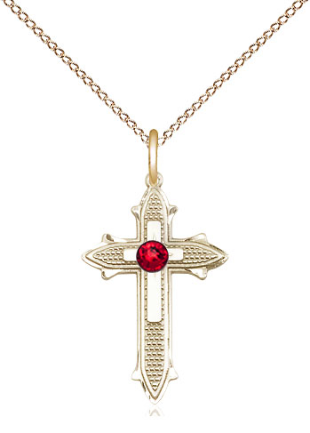 14kt Gold Filled Cross on Cross Pendant with a 3mm Ruby Swarovski stone on a 18 inch Gold Filled Light Curb chain