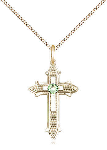 14kt Gold Filled Cross on Cross Pendant with a 3mm Peridot Swarovski stone on a 18 inch Gold Filled Light Curb chain