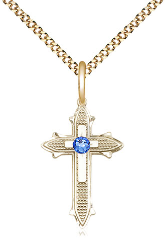 14kt Gold Filled Cross on Cross Pendant with a 3mm Sapphire Swarovski stone on a 18 inch Gold Plate Light Curb chain