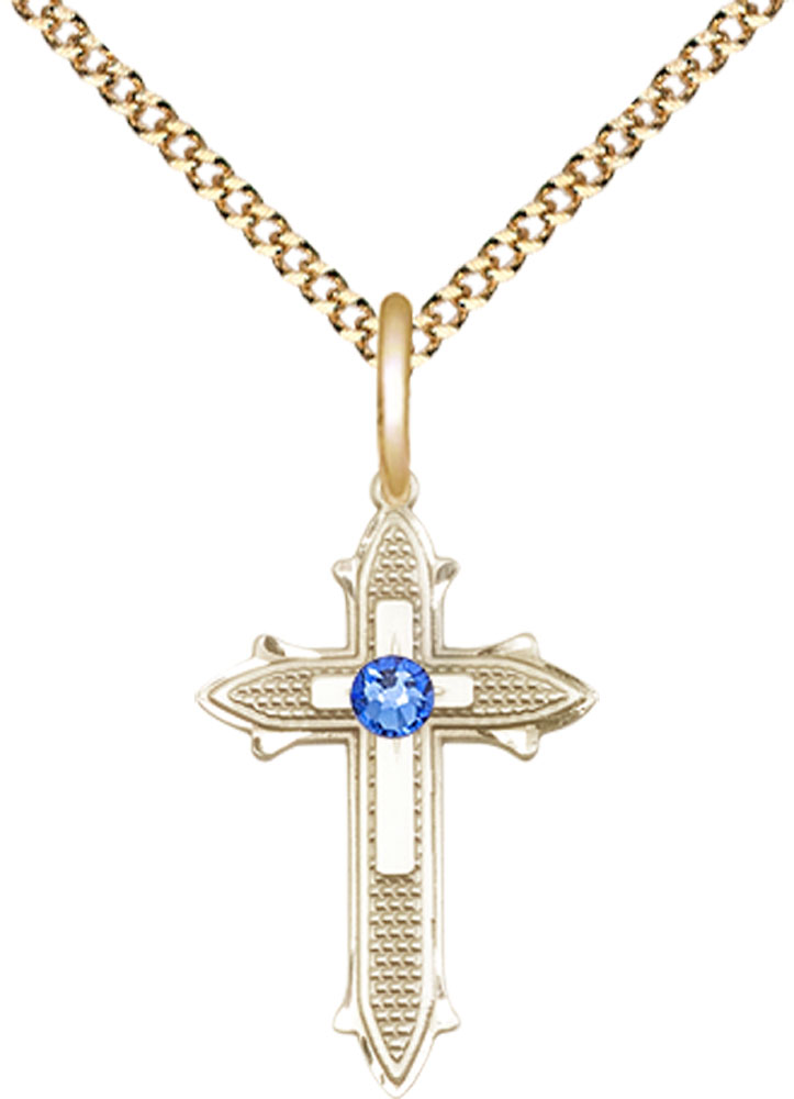 14kt Gold Filled Cross on Cross Pendant with a 3mm Sapphire Swarovski stone on a 18 inch Gold Plate Light Curb chain