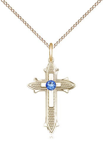 14kt Gold Filled Cross on Cross Pendant with a 3mm Sapphire Swarovski stone on a 18 inch Gold Filled Light Curb chain