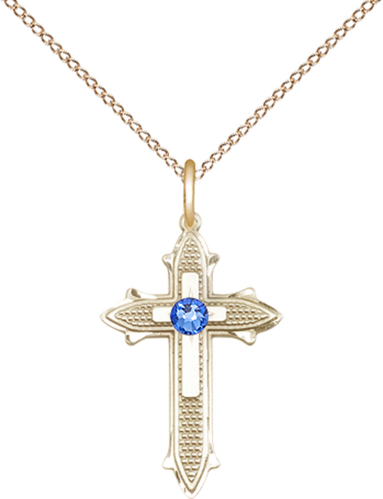 14kt Gold Filled Cross on Cross Pendant with a 3mm Sapphire Swarovski stone on a 18 inch Gold Filled Light Curb chain