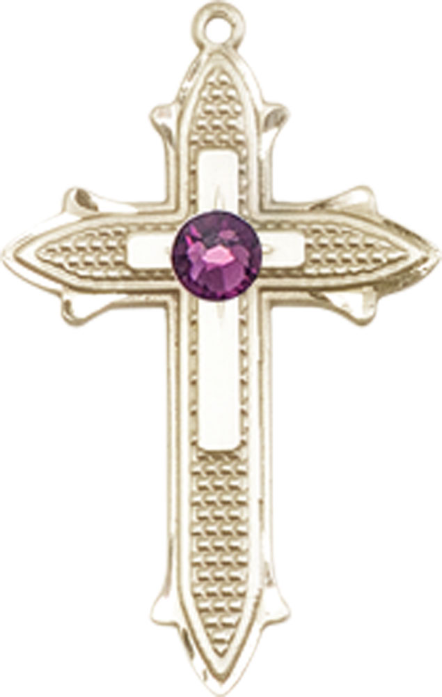 14kt Gold Cross on Cross Medal with a 3mm Amethyst Swarovski stone