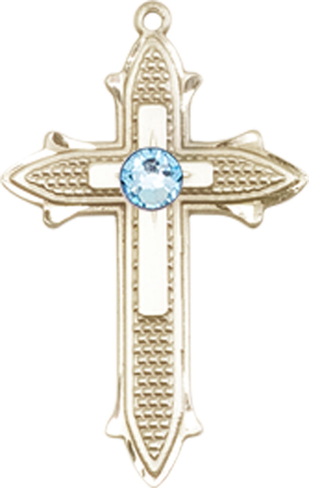 14kt Gold Cross on Cross Medal with a 3mm Aqua Swarovski stone