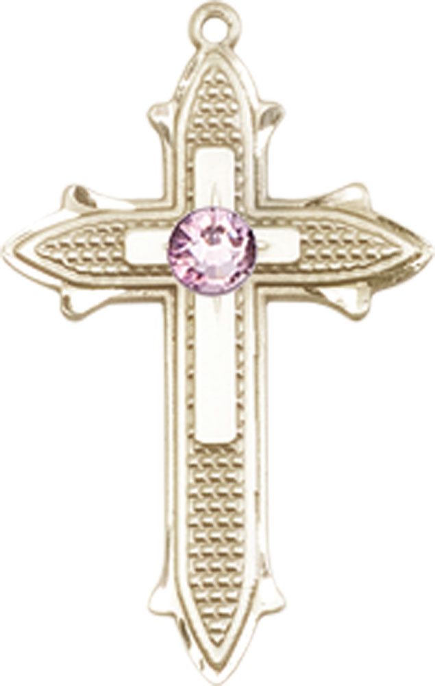 14kt Gold Cross on Cross Medal with a 3mm Light Amethyst Swarovski stone