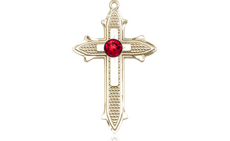 14kt Gold Cross on Cross Medal with a 3mm Ruby Swarovski stone