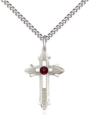 Sterling Silver Cross on Cross Pendant with a 3mm Garnet Swarovski stone on a 18 inch Light Rhodium Light Curb chain