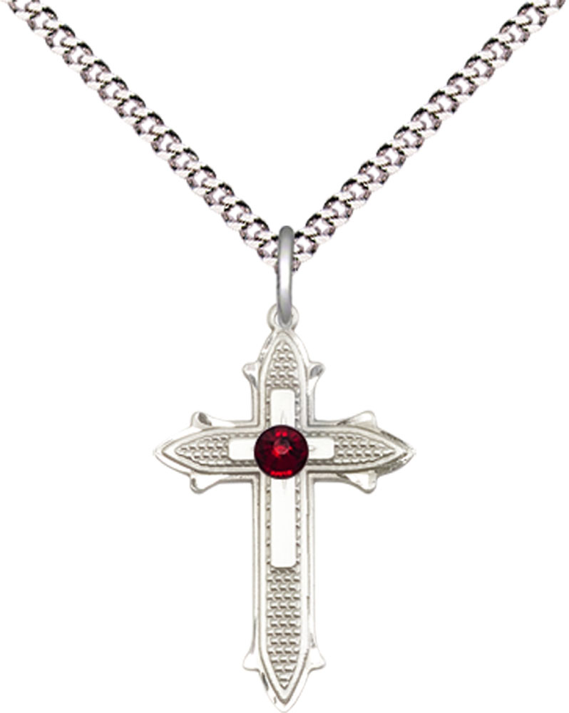 Sterling Silver Cross on Cross Pendant with a 3mm Garnet Swarovski stone on a 18 inch Light Rhodium Light Curb chain