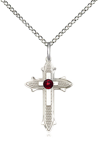 Sterling Silver Cross on Cross Pendant with a 3mm Garnet Swarovski stone on a 18 inch Sterling Silver Light Curb chain