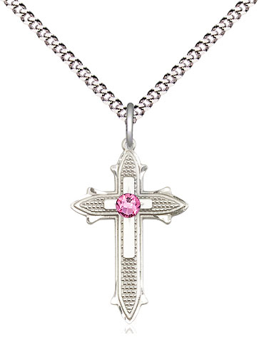 Sterling Silver Cross on Cross Pendant with a 3mm Rose Swarovski stone on a 18 inch Light Rhodium Light Curb chain