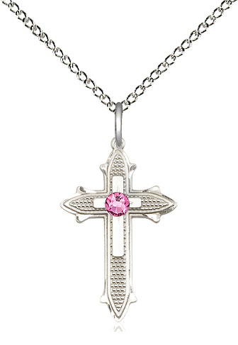 Sterling Silver Cross on Cross Pendant with a 3mm Rose Swarovski stone on a 18 inch Sterling Silver Light Curb chain