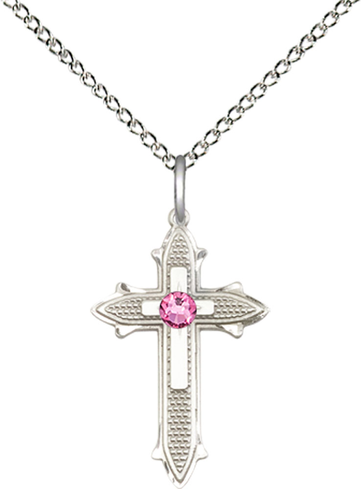 Sterling Silver Cross on Cross Pendant with a 3mm Rose Swarovski stone on a 18 inch Sterling Silver Light Curb chain