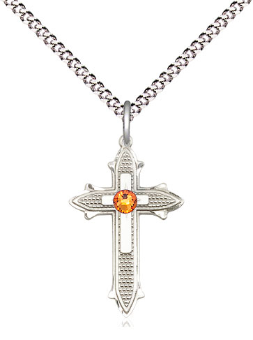 Sterling Silver Cross on Cross Pendant with a 3mm Topaz Swarovski stone on a 18 inch Light Rhodium Light Curb chain