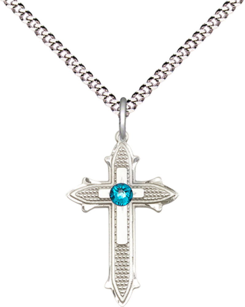 Sterling Silver Cross on Cross Pendant with a 3mm Zircon Swarovski stone on a 18 inch Light Rhodium Light Curb chain