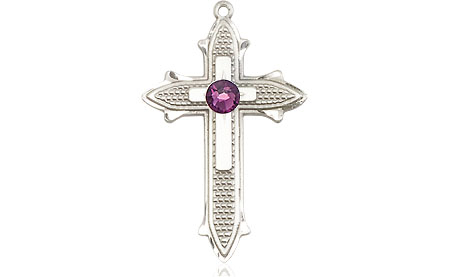 Sterling Silver Cross on Cross Medal with a 3mm Amethyst Swarovski stone