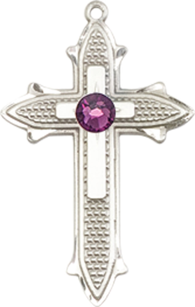 Sterling Silver Cross on Cross Medal with a 3mm Amethyst Swarovski stone