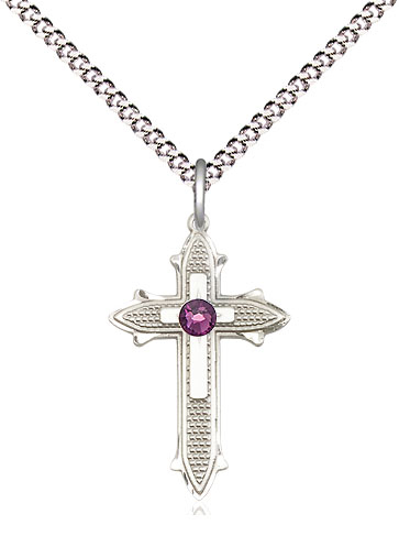 Sterling Silver Cross on Cross Pendant with a 3mm Amethyst Swarovski stone on a 18 inch Light Rhodium Light Curb chain