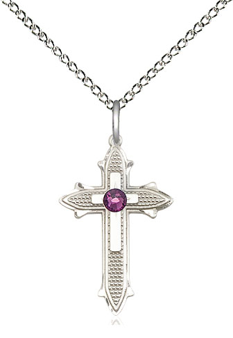 Sterling Silver Cross on Cross Pendant with a 3mm Amethyst Swarovski stone on a 18 inch Sterling Silver Light Curb chain