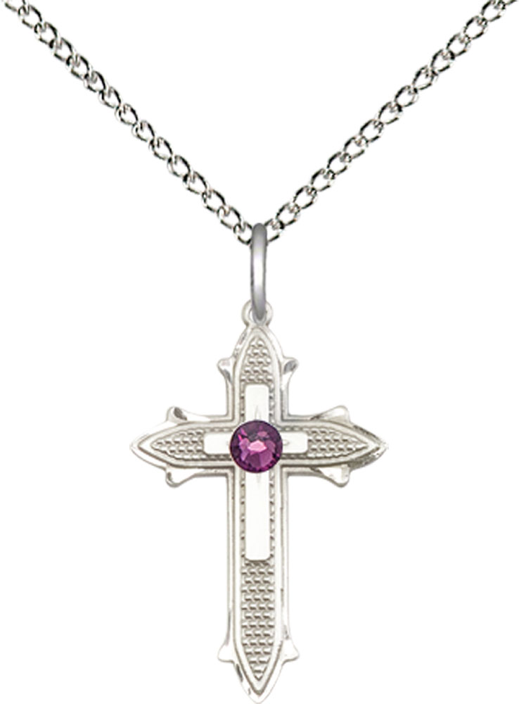 Sterling Silver Cross on Cross Pendant with a 3mm Amethyst Swarovski stone on a 18 inch Sterling Silver Light Curb chain
