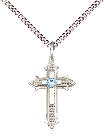 Sterling Silver Cross on Cross Pendant with a 3mm Aqua Swarovski stone on a 18 inch Light Rhodium Light Curb chain