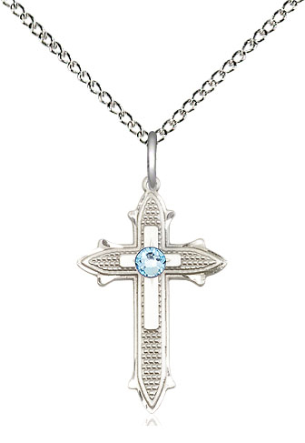 Sterling Silver Cross on Cross Pendant with a 3mm Aqua Swarovski stone on a 18 inch Sterling Silver Light Curb chain