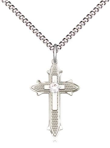 Sterling Silver Cross on Cross Pendant with a 3mm Crystal Swarovski stone on a 18 inch Light Rhodium Light Curb chain