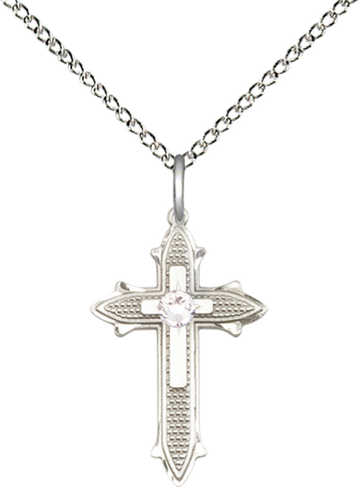 Sterling Silver Cross on Cross Pendant with a 3mm Crystal Swarovski stone on a 18 inch Sterling Silver Light Curb chain