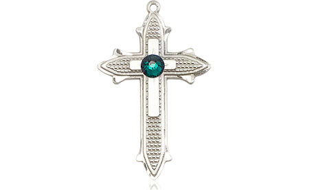 Sterling Silver Cross on Cross Medal with a 3mm Emerald Swarovski stone