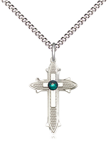 Sterling Silver Cross on Cross Pendant with a 3mm Emerald Swarovski stone on a 18 inch Light Rhodium Light Curb chain