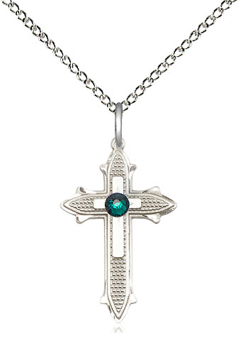 Sterling Silver Cross on Cross Pendant with a 3mm Emerald Swarovski stone on a 18 inch Sterling Silver Light Curb chain