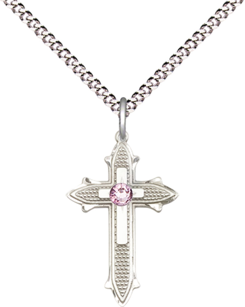 Sterling Silver Cross on Cross Pendant with a 3mm Light Amethyst Swarovski stone on a 18 inch Light Rhodium Light Curb chain