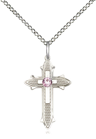 Sterling Silver Cross on Cross Pendant with a 3mm Light Amethyst Swarovski stone on a 18 inch Sterling Silver Light Curb chain