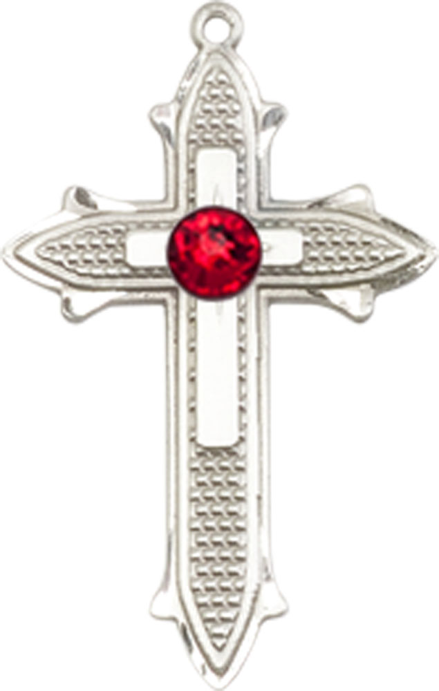 Sterling Silver Cross on Cross Medal with a 3mm Ruby Swarovski stone
