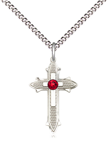 Sterling Silver Cross on Cross Pendant with a 3mm Ruby Swarovski stone on a 18 inch Light Rhodium Light Curb chain