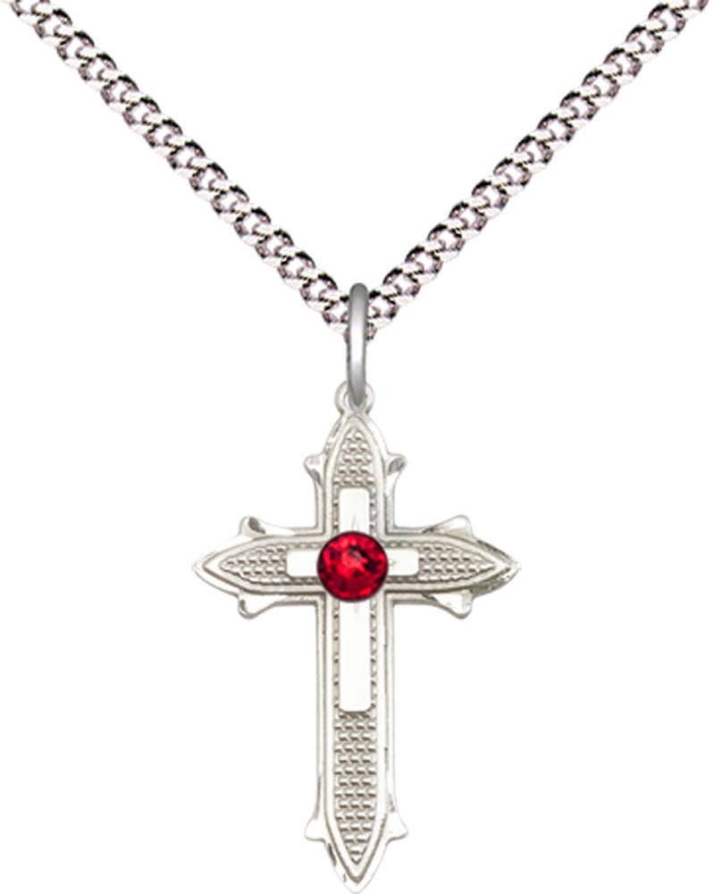 Sterling Silver Cross on Cross Pendant with a 3mm Ruby Swarovski stone on a 18 inch Light Rhodium Light Curb chain