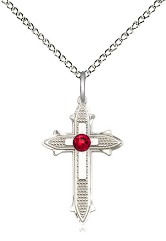 Sterling Silver Cross on Cross Pendant with a 3mm Ruby Swarovski stone on a 18 inch Sterling Silver Light Curb chain