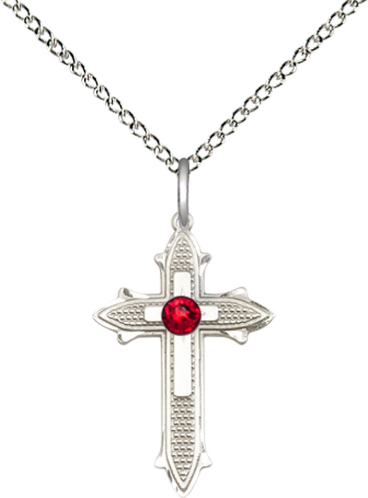 Sterling Silver Cross on Cross Pendant with a 3mm Ruby Swarovski stone on a 18 inch Sterling Silver Light Curb chain