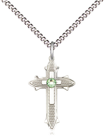 Sterling Silver Cross on Cross Pendant with a 3mm Peridot Swarovski stone on a 18 inch Light Rhodium Light Curb chain