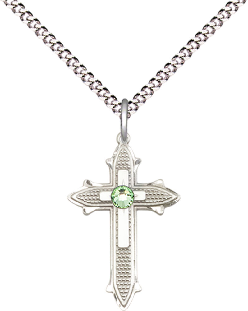 Sterling Silver Cross on Cross Pendant with a 3mm Peridot Swarovski stone on a 18 inch Light Rhodium Light Curb chain