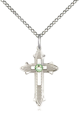 Sterling Silver Cross on Cross Pendant with a 3mm Peridot Swarovski stone on a 18 inch Sterling Silver Light Curb chain