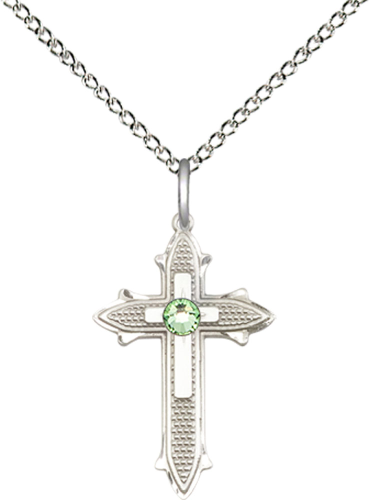 Sterling Silver Cross on Cross Pendant with a 3mm Peridot Swarovski stone on a 18 inch Sterling Silver Light Curb chain