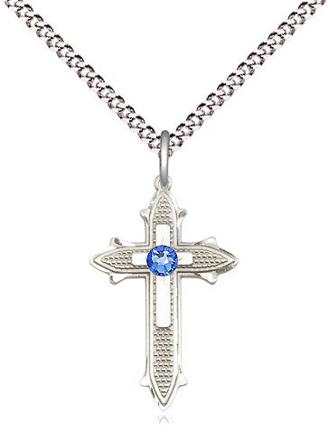 Sterling Silver Cross on Cross Pendant with a 3mm Sapphire Swarovski stone on a 18 inch Light Rhodium Light Curb chain