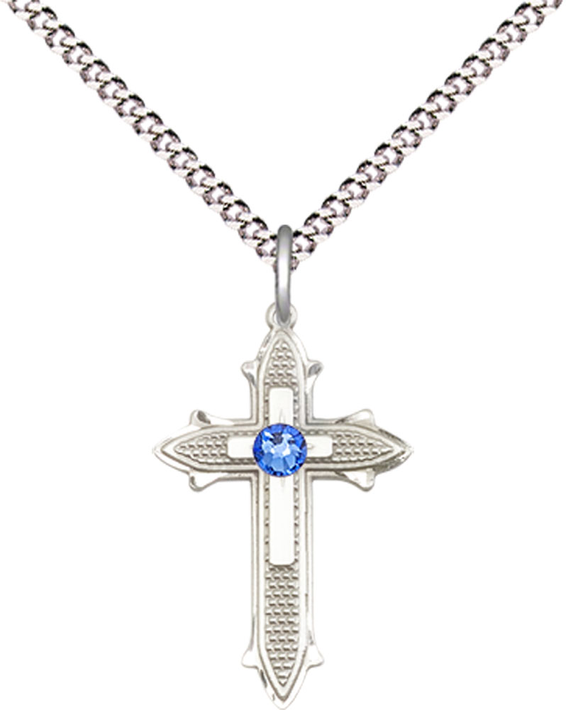 Sterling Silver Cross on Cross Pendant with a 3mm Sapphire Swarovski stone on a 18 inch Light Rhodium Light Curb chain