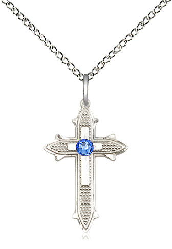 Sterling Silver Cross on Cross Pendant with a 3mm Sapphire Swarovski stone on a 18 inch Sterling Silver Light Curb chain