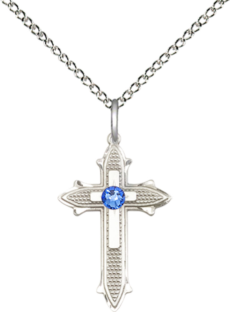 Sterling Silver Cross on Cross Pendant with a 3mm Sapphire Swarovski stone on a 18 inch Sterling Silver Light Curb chain