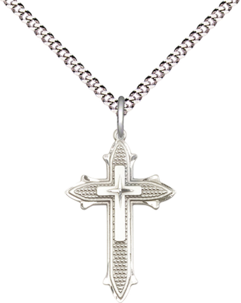 Sterling Silver Cross on Cross Pendant on a 18 inch Light Rhodium Light Curb chain