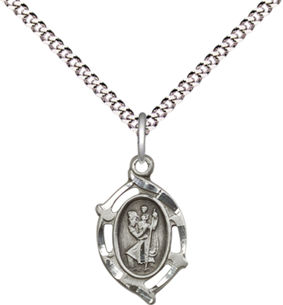 Sterling Silver Saint Christopher Pendant on a 18 inch Light Rhodium Light Curb chain
