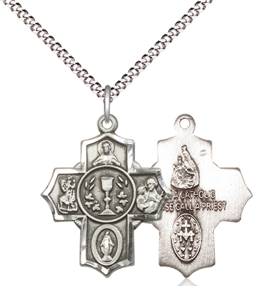 Sterling Silver Communion 5-Way Pendant on a 18 inch Light Rhodium Light Curb chain