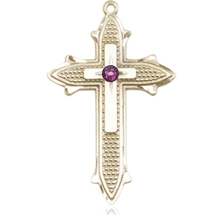 14kt Gold Filled Cross on Cross Medal with a 3mm Amethyst Swarovski stone