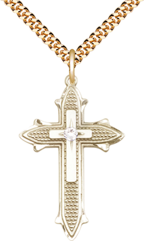 14kt Gold Filled Cross on Cross Pendant with a 3mm Crystal Swarovski stone on a 24 inch Gold Plate Heavy Curb chain